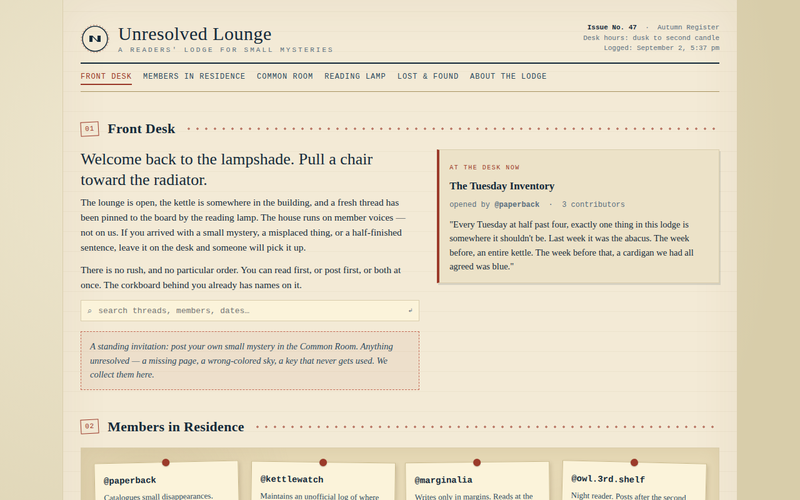 Screenshot of unresolved-lounge.example/lounge-portal.html
