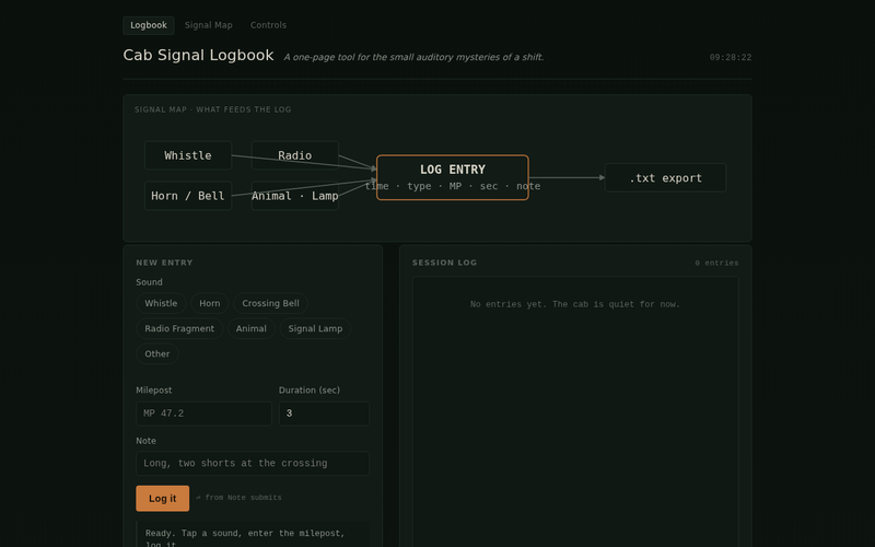 Screenshot of cab-logbook.local/cab-signal-logbook.html
