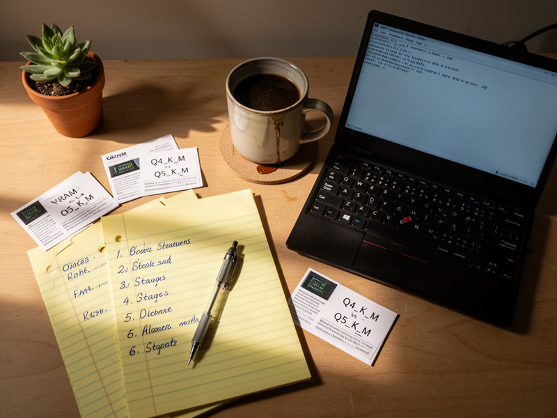 A top-down photo of a tidy workbench: a yellow legal pad with six handwritten numbered stages in blue ink, a mechanical pencil, two small reference cards, a coffee mug with a spill ring, a half-open laptop showing a terminal window, and a small succulent, all lit by warm morning side-light.