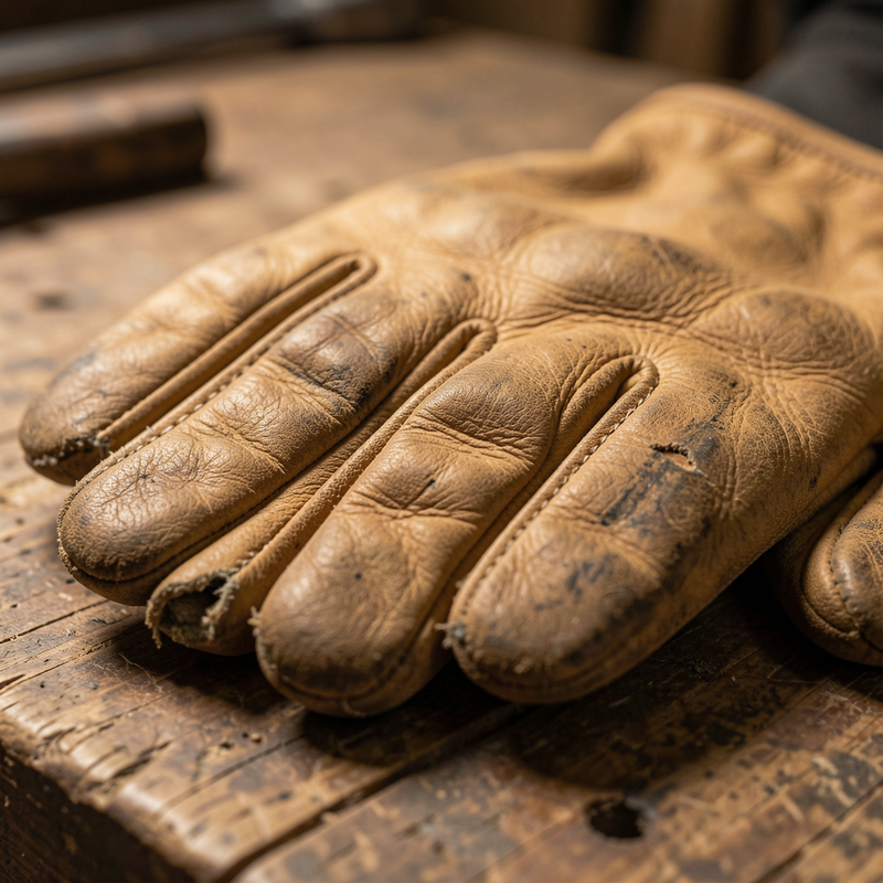 Extreme close-up of a tan leather work glove, focusing on the creased palm and worn fingertips with visible stitching and scuffs