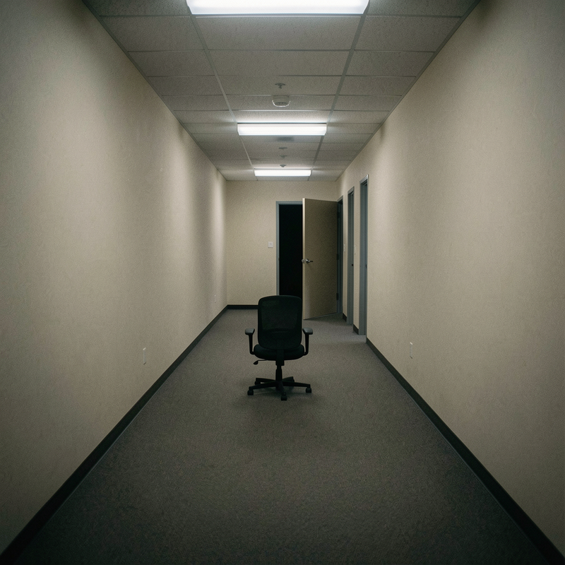 A long fluorescent-lit office hallway photographed from eye level at night. The far door is slightly ajar with darkness behind it, and a single office chair sits turned toward the camera in the middle of the corridor.