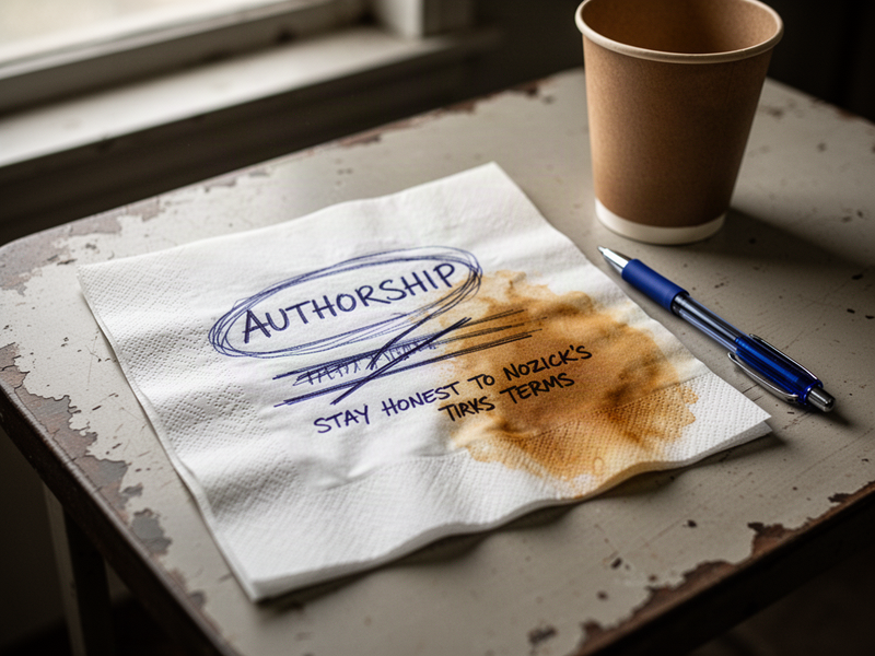 A coffee-stained napkin on a break room table next to a ballpoint pen and a paper coffee cup, with blue handwritten notes, the circled word "AUTHORSHIP," a struck-through line, the phrase "STAY HONEST TO NOZICK'S TERMS," and a coffee ring bleeding through, under soft morning window light.