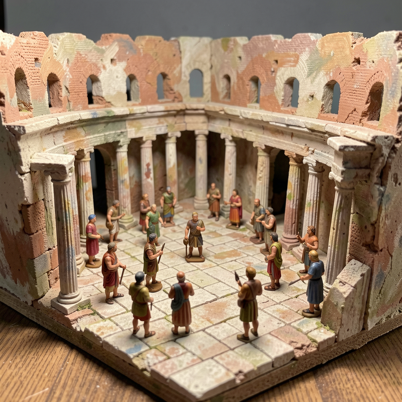 A highly detailed, hand-painted miniature diorama of an ancient Roman street scene, showing visible brushstrokes and textured plaster.