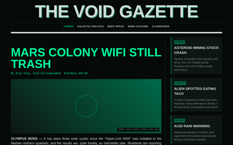 Screenshot of void-gazette.space/latest-news.html