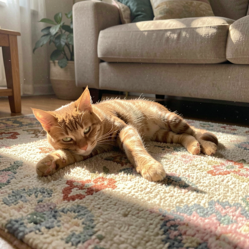 A candid shot of a cat stretching in a patch of sunlight on a living room rug.