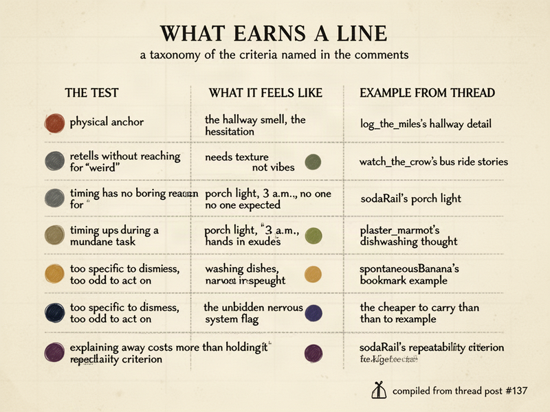 Infographic diagram mapping six criteria from a forum thread about what makes a small mystery worth keeping on a personal log. Six rows compare the test name, the feeling it produces, and an example drawn from the thread.