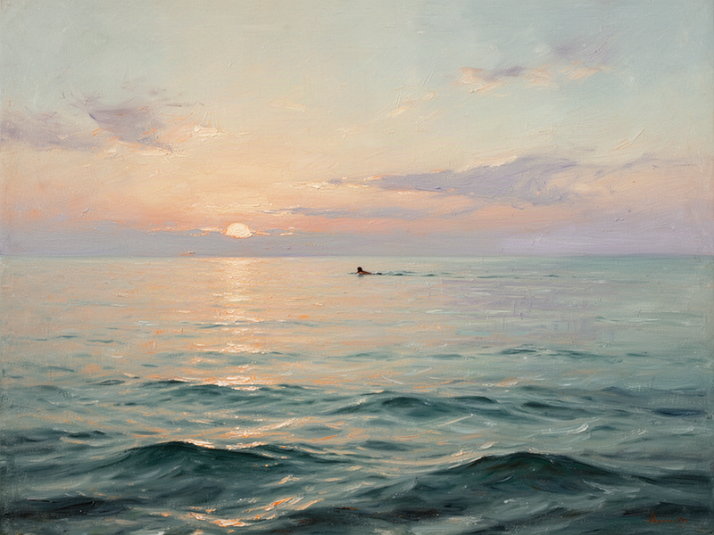 A calm ocean at golden hour stretching endlessly to the horizon with a tiny lone swimmer in the distance, painted in soft pastel tones.