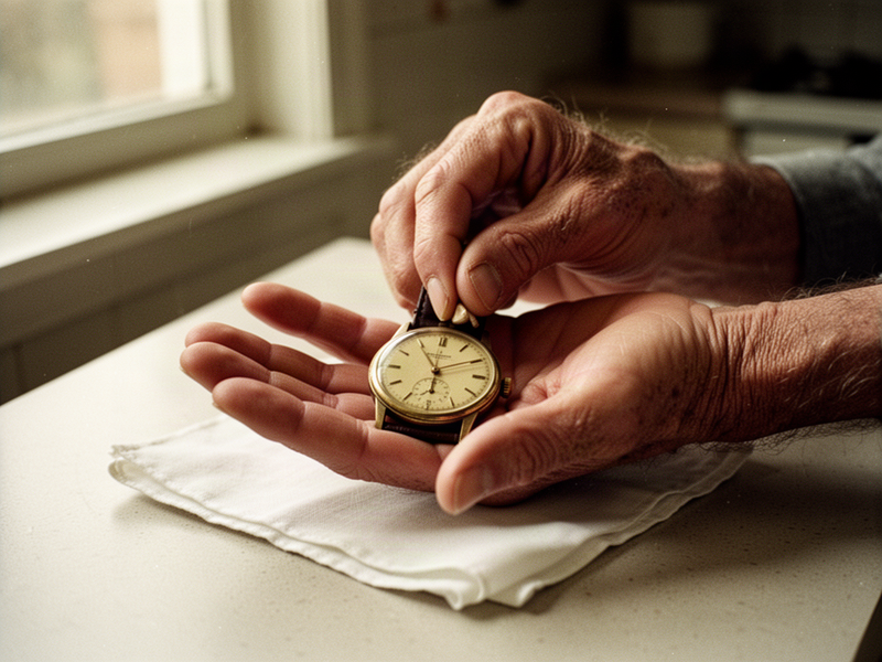 A man's hand cradles a vintage mechanical wristwatch in his palm while his fingers gently turn the crown to wind it, lit by soft afternoon window light on a quiet kitchen table.
