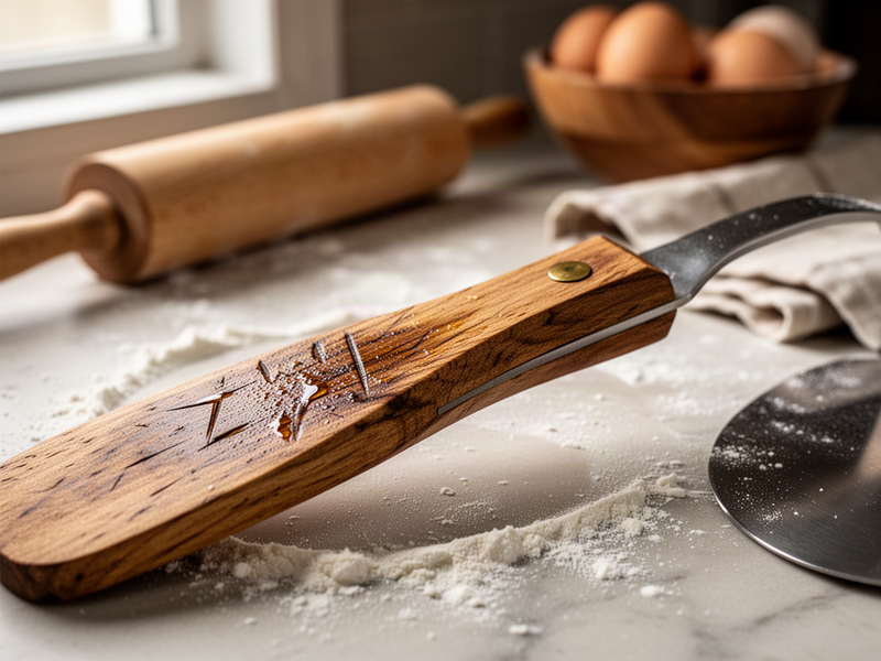 Extreme close-up of a worn wooden spatula handle showing the patina, grip wear, wood grain, and brass rivet on a flour-dusted counter.