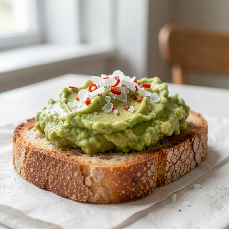 A close-up shot of a perfectly ripe, sliced avocado on sourdough toast with a sprinkle of flaky sea salt and red pepper flakes.