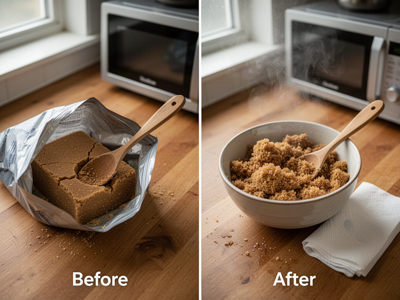 Before-and-after split showing a hardened brown sugar brick on the left and soft fluffy brown sugar beside a damp paper towel on the right, on a wooden kitchen counter.