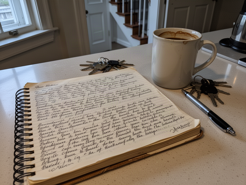 A candid snapshot of a weathered spiral notebook lying open on a cluttered kitchen counter, showing dense, cramped handwriting filling a page, with a coffee mug and keys sitting nearby in natural morning light.
