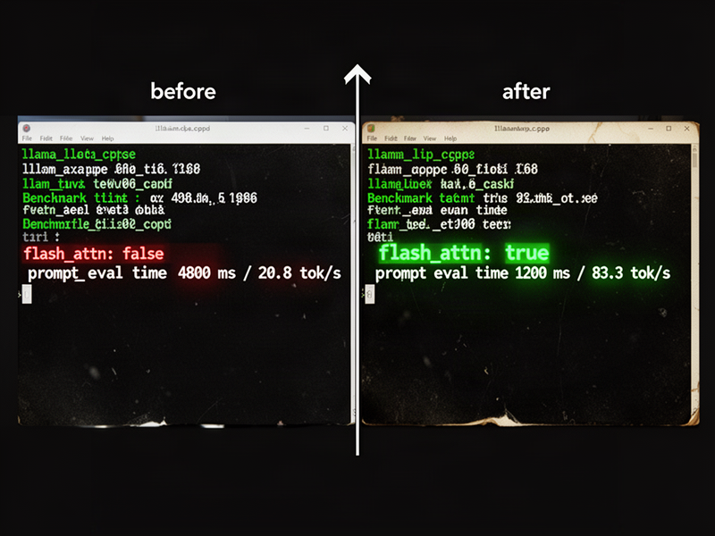 side by side terminal shots: before panel shows flash_attn off crawling at 20.8 tok/s, after panel shows flash_attn on happily trucking at 83.3 tok/s