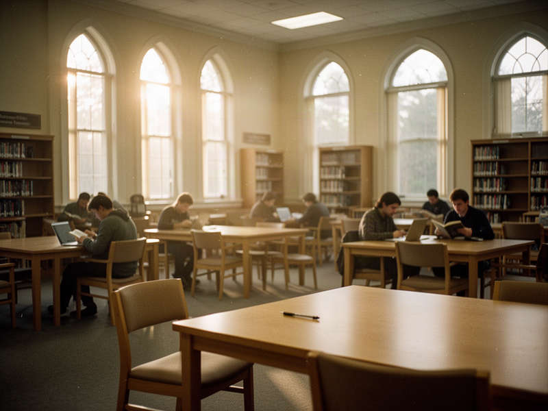 A quiet public library reading room with scattered patrons, late afternoon light, and an empty chair with a pen on a wooden table.