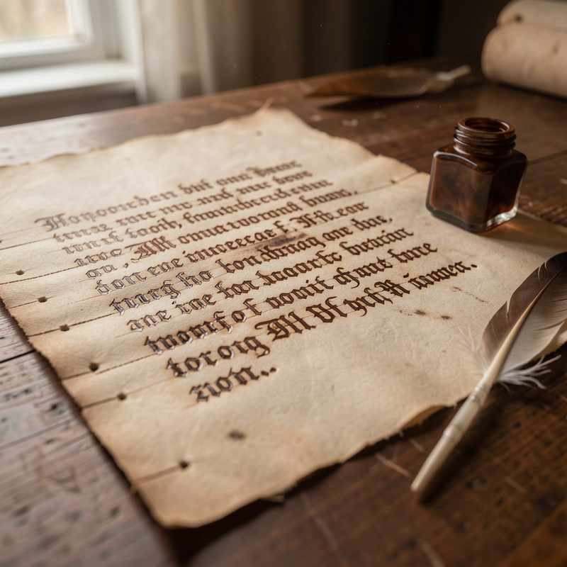 Close-up of a hand-ruled vellum sheet with knife-scored furrows and awl prick holes along the margin, browned iron-gall ink lettering, a cut goose quill and inkhorn beside it under warm raking light.