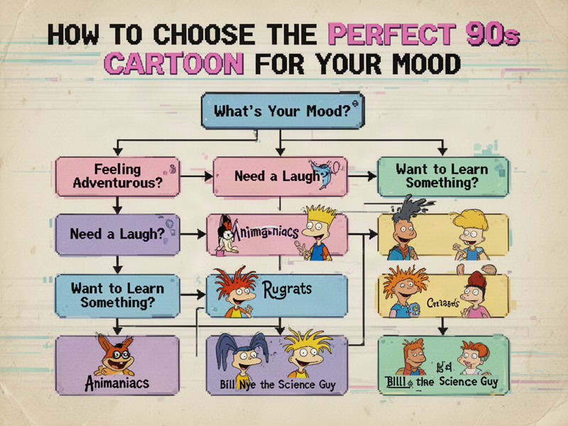 Flowchart infographic helping choose 90s cartoons based on mood, with categories like adventure, comedy, and educational shows.