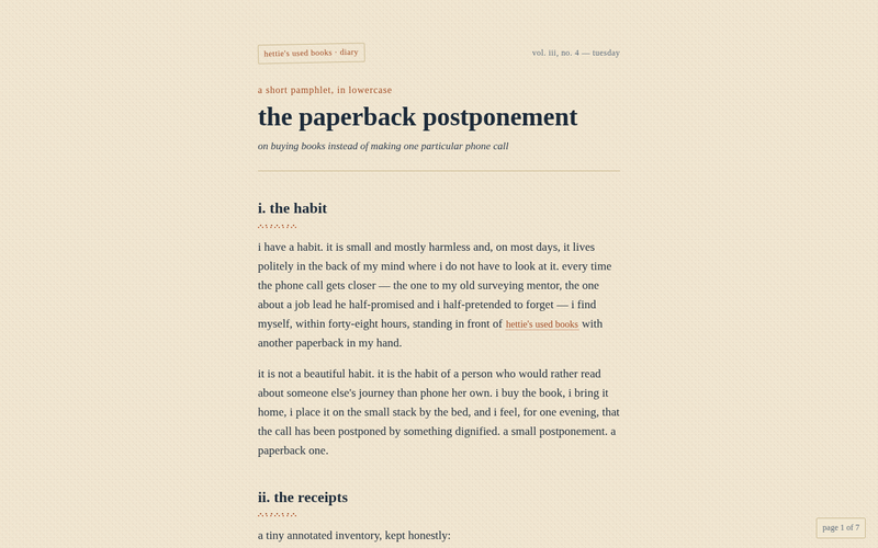 Screenshot of hetties-used-books.diary/the-paperback-postponement.html