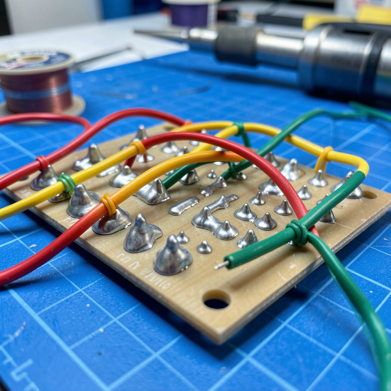 A close-up of a custom-soldered PCB for a local LLM controller, with visible hand-soldered joints and colorful wires.