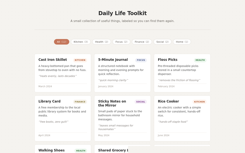Screenshot of catalog-of-small-things.example.com/daily-life-toolkit.html