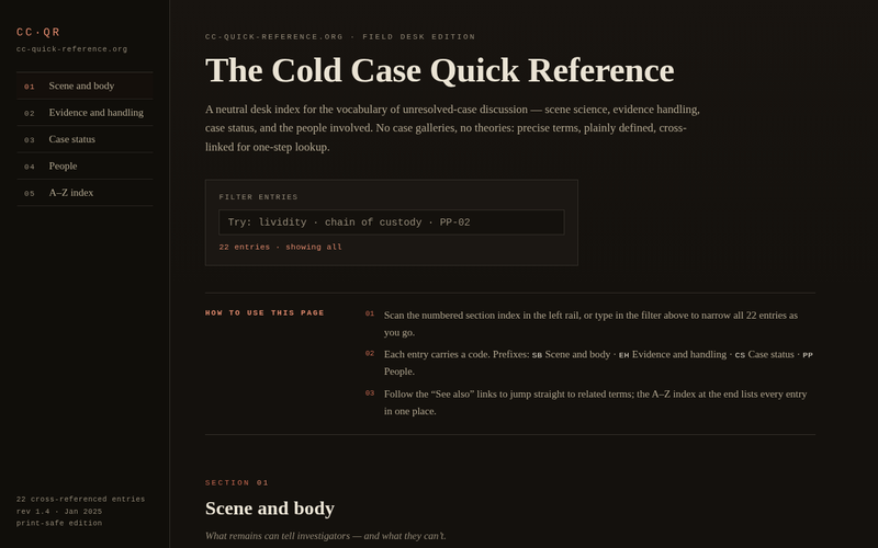 Screenshot of cc-quick-reference.org/cold-case-quick-reference.html