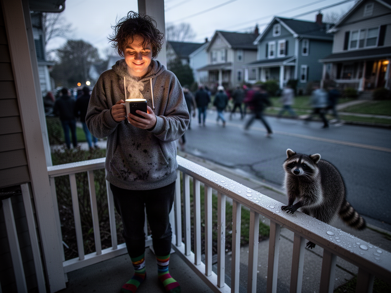 A candid dawn photo of a tired person in mismatched socks standing on a front porch holding coffee and looking at their phone, with a raccoon on the opposite curb watching.