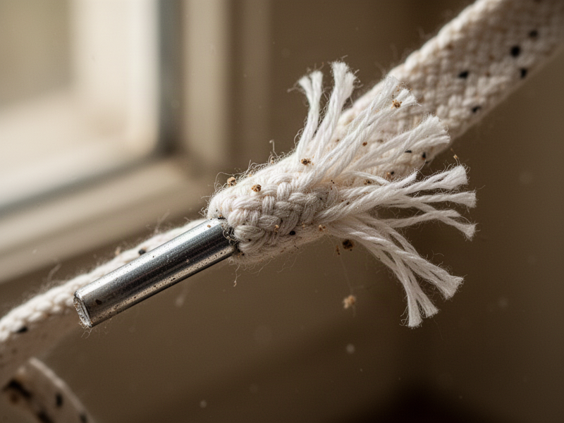 close-up of a damaged shoelace aglet with frayed cotton fibers and a loose metal sleeve