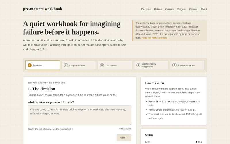 Screenshot of premortem.workbook/pre-mortem.html